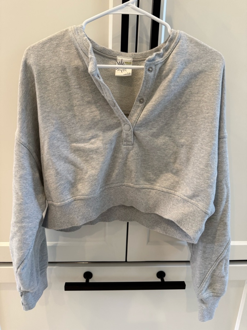 aerie Light Gray Snap-Front Cropped Sweatshirt